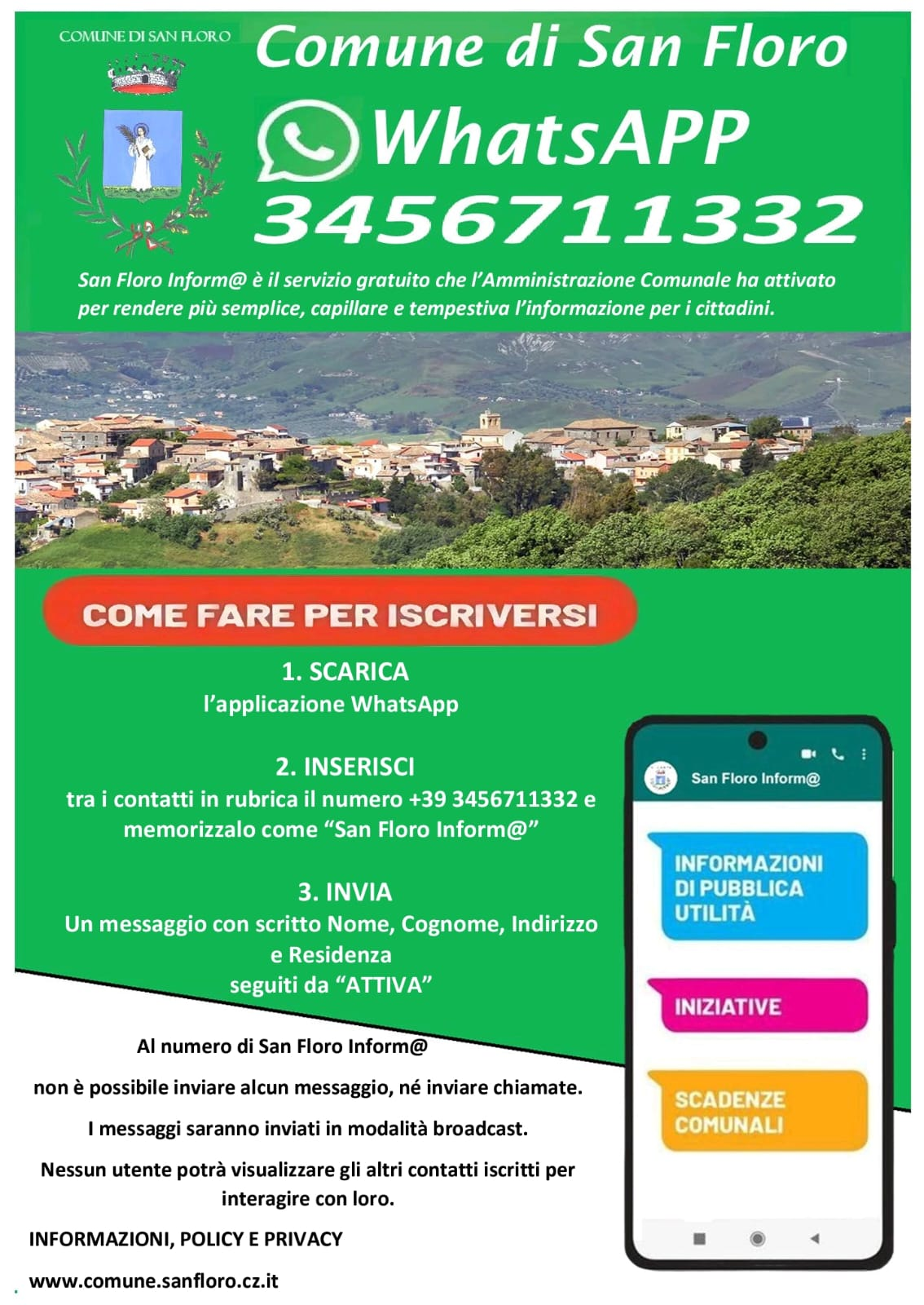 Attivazione servizio informativo WhatsApp comunale San Floro Inform@